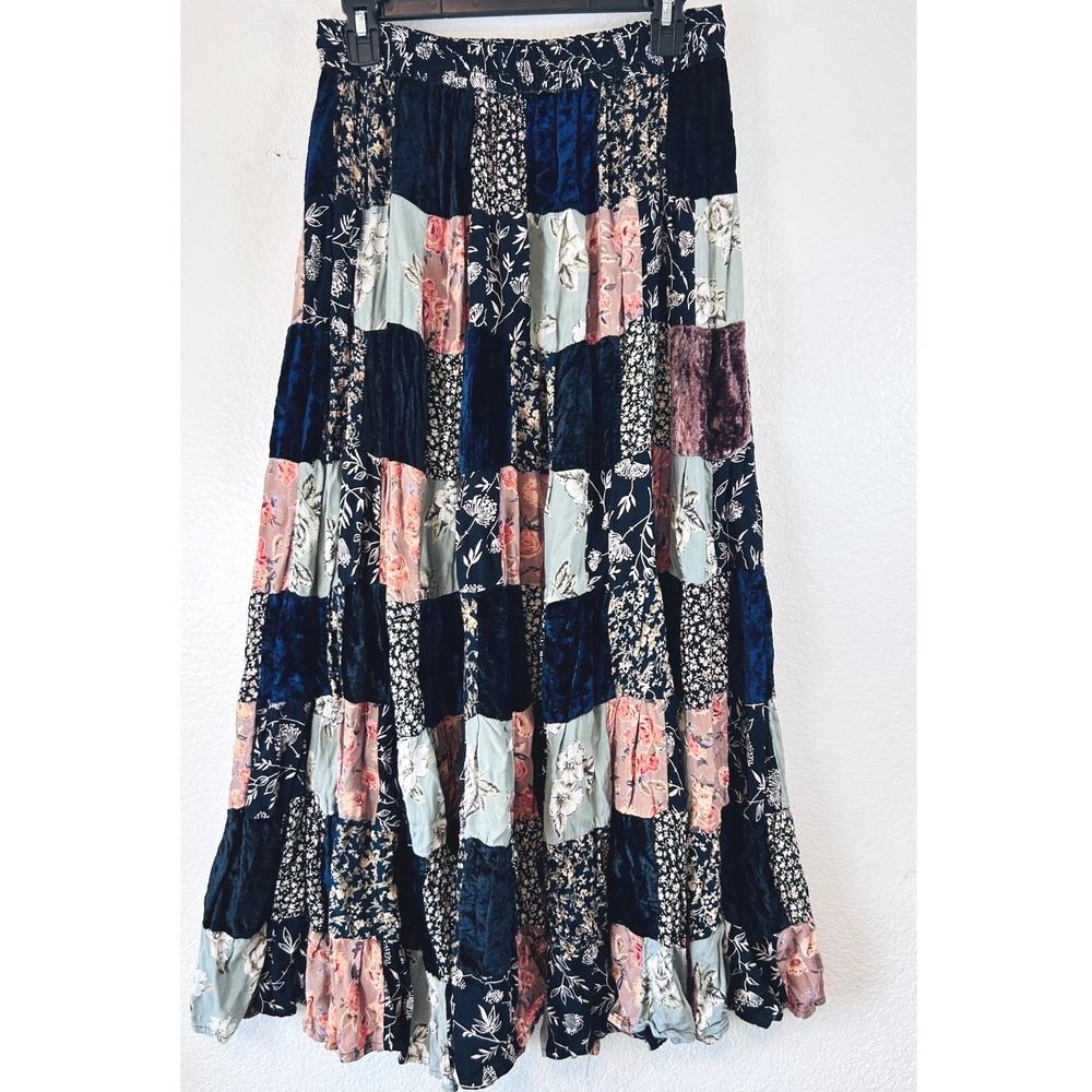 Silver Stream Patchwork Floral Velvet Maxi Skirt Boho Tiered Peasant Boho OS